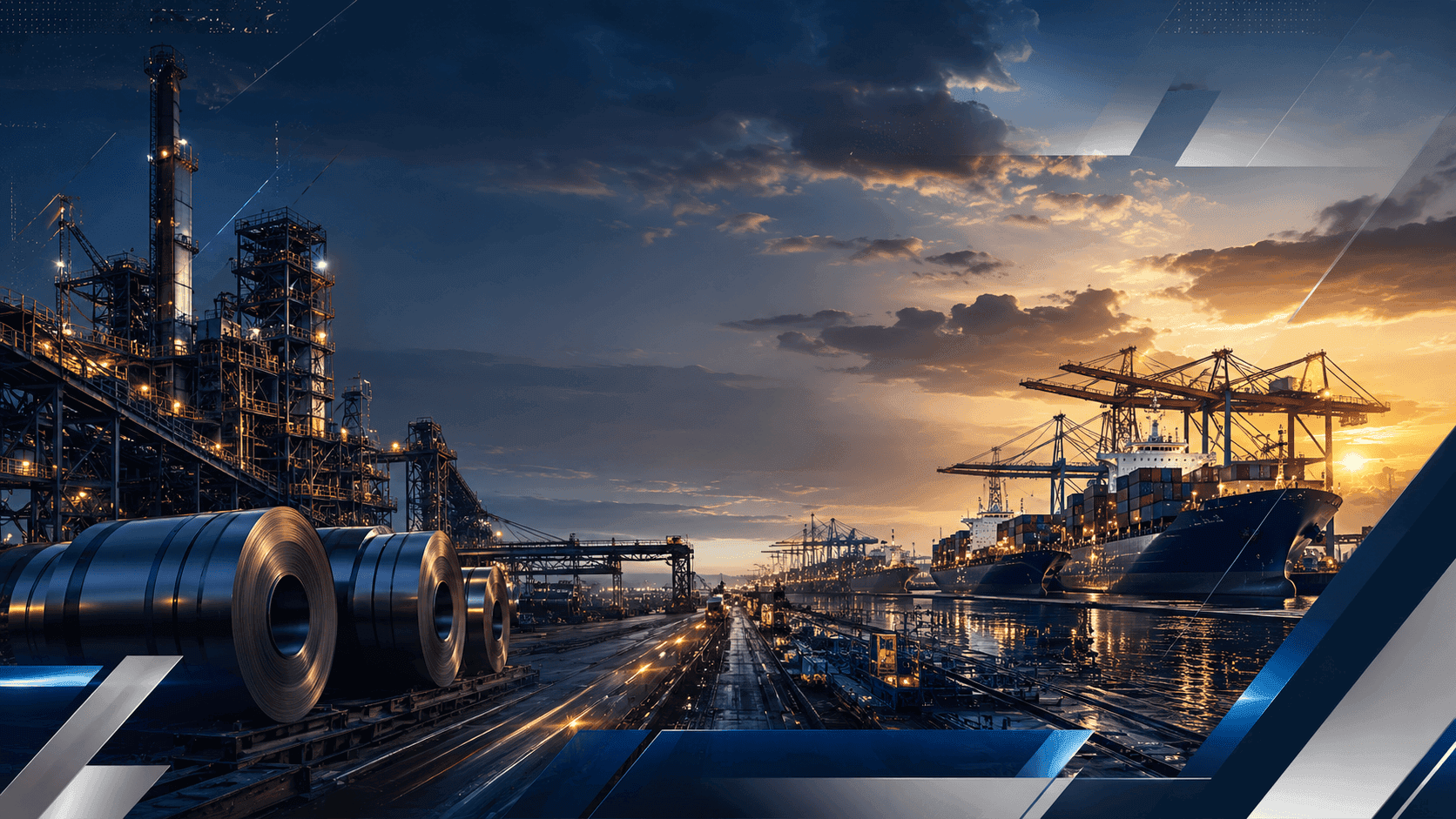 MetalX industrial port with steel coils and shipping cranes at dusk